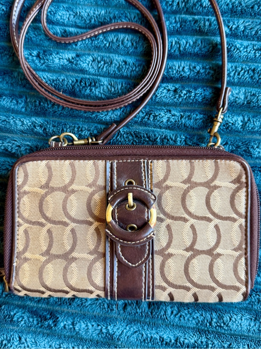 VTG Brown Beige Canvas Leather Crossbody Retro Geometric Circle Print Wallet